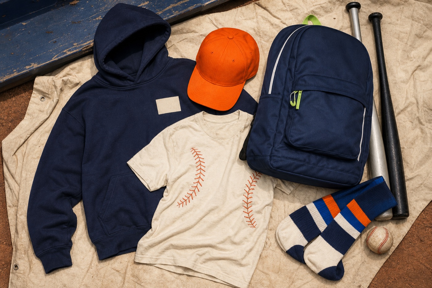 Baseball hoodie, cap, shirt, backpack, and socks
