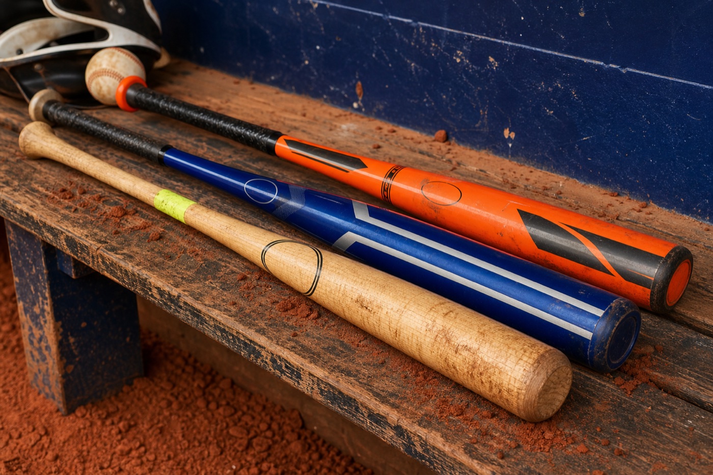 Youth baseball bats on a dugout bench