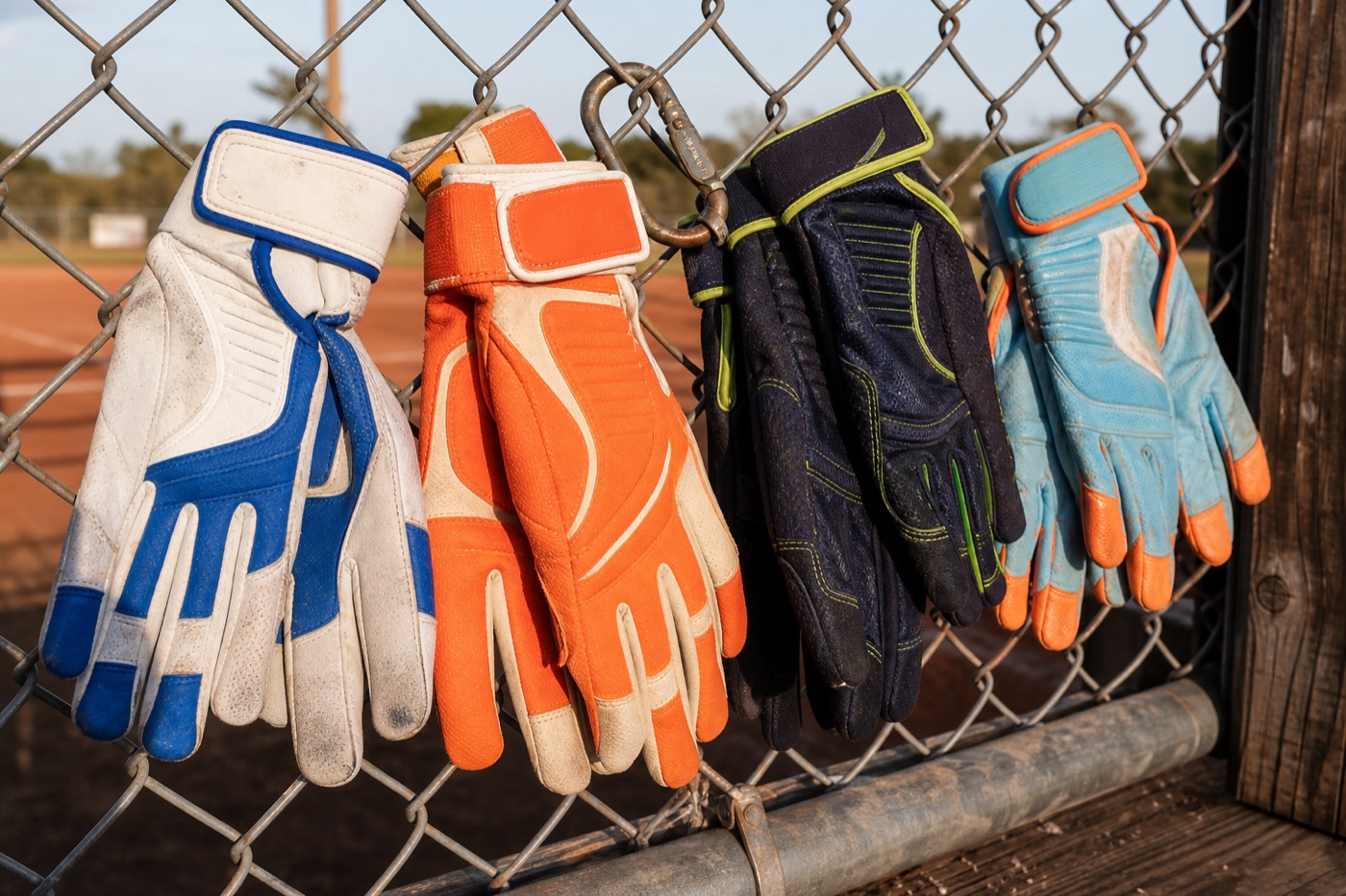 Four colors of batting gloves hanging in a dugout