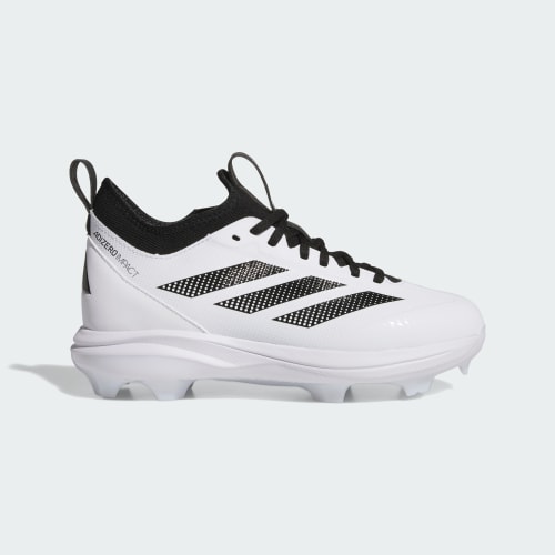 Orange and blue youth baseball cleats on red clay