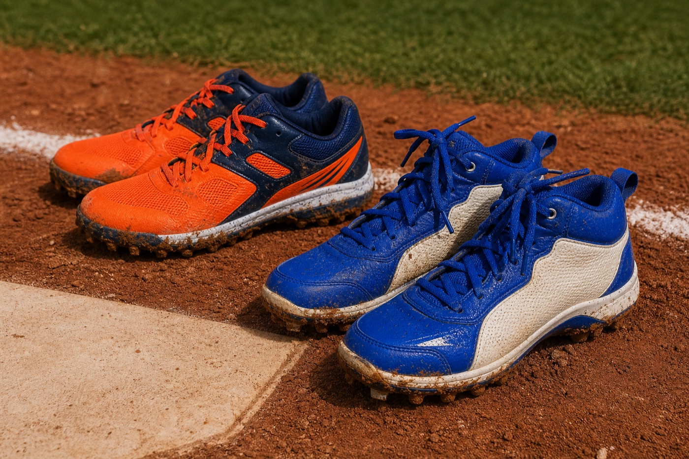 Orange and blue youth baseball cleats on red clay