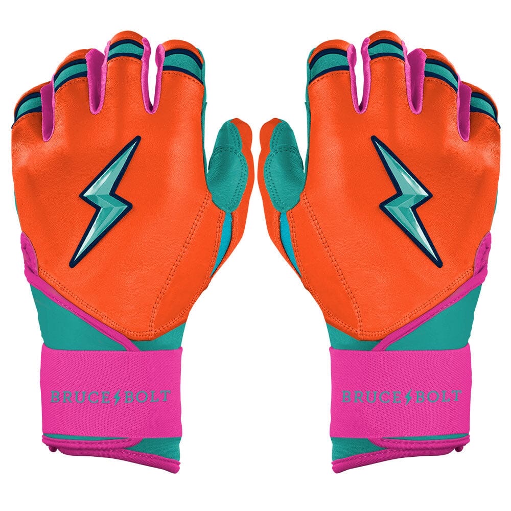 Official product image of Bruce Bolt Fernando Tatis Jr. aqua and orange long-cuff batting gloves
