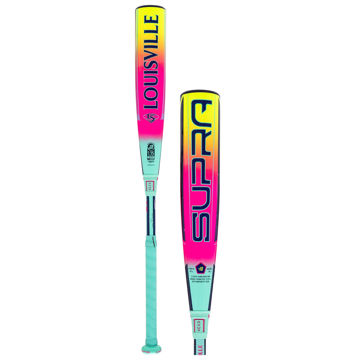Official product image of the pink, yellow, and teal 2027 Louisville Slugger Supra -10 USSSA bat